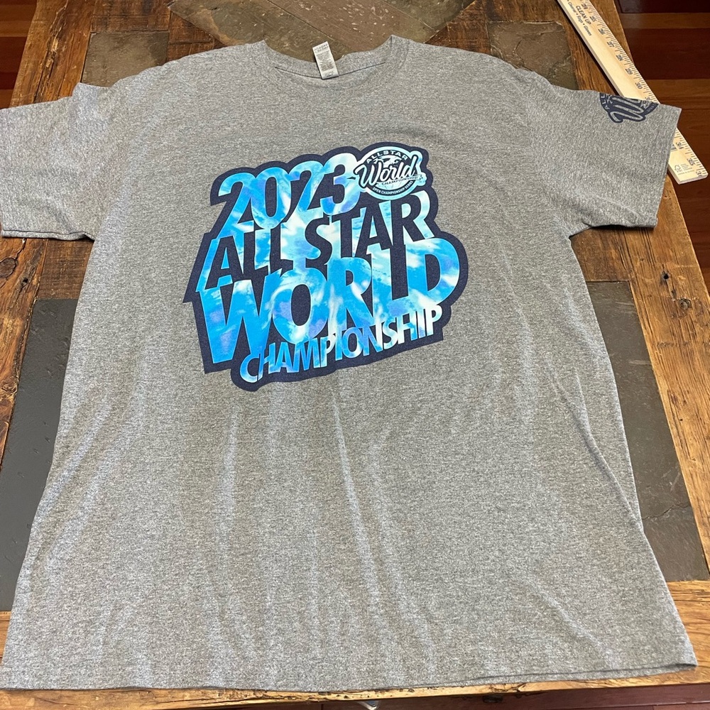 Gildan Gray Short Sleeve Tee with Blue All Star Worlds Cheerleading